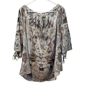 One World Live & Let Live Blouse Sz 1X Artsy Floral Lightweight Lined Tie Sleeve